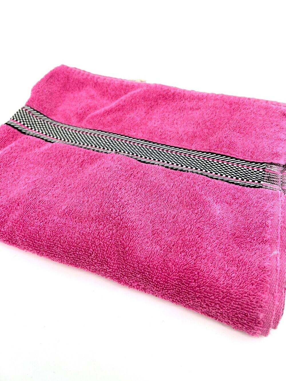 Vintage Stevens Bath Towel Hot Pink with Black Checkered Trim